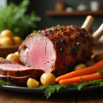Gigot d'agneau rôti avec légumes de saison sur table en bois