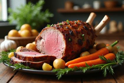 Gigot d'agneau rôti avec légumes de saison sur table en bois