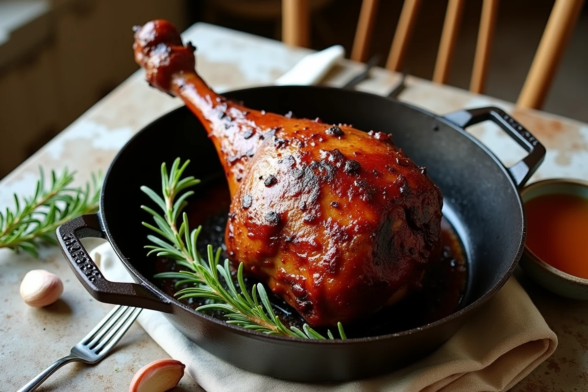 Gigot de chevreuil rôti entier dans un plat en fonte sur une table de ferme rustique avec herbes aromatiques et jus de cuisson