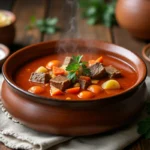 Bol de goulash hongrois traditionnel au paprika servi avec crème fraîche et persil sur une table en bois rustique