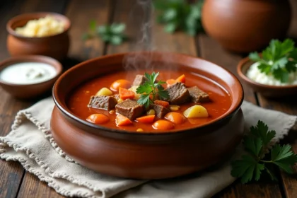 Bol de goulash hongrois traditionnel au paprika servi avec crème fraîche et persil sur une table en bois rustique