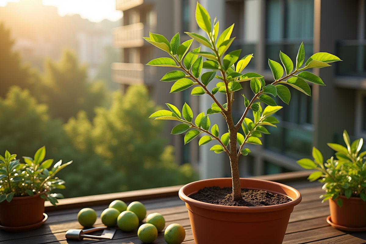 Jeune goyavier en pot sur un balcon ensoleille avec outils