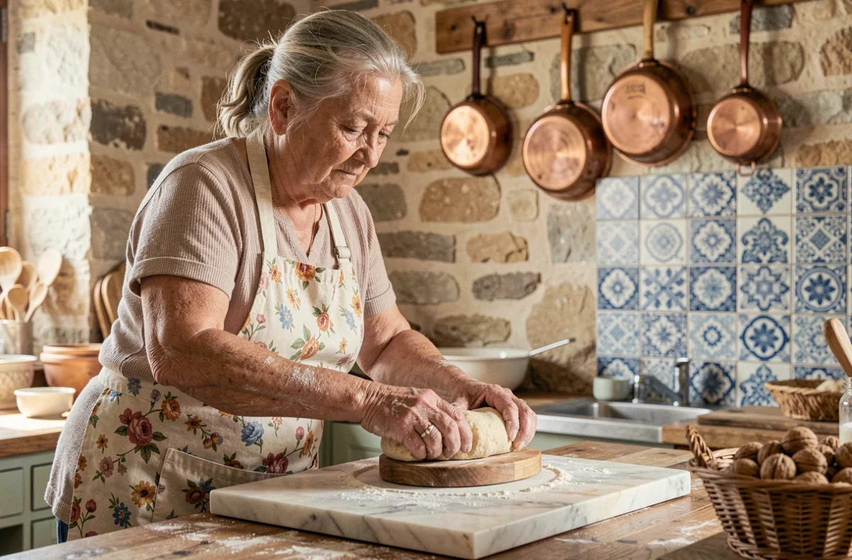 Grand-mère espagnole préparant des polvorones traditionnels à la main sur un plan de travail en marbre dans une cuisine rustique authentique