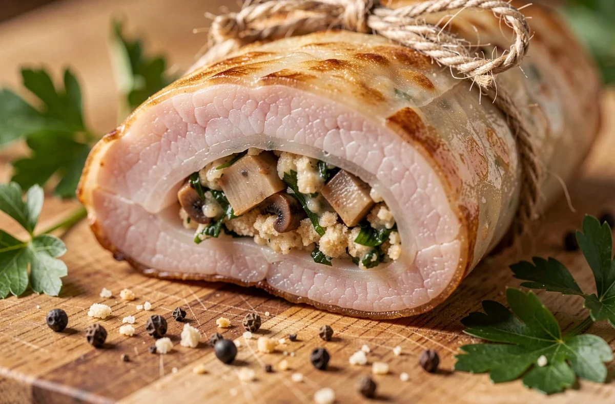 Gros plan sur une paupiette de porc tranchée révélant la farce aux herbes et champignons