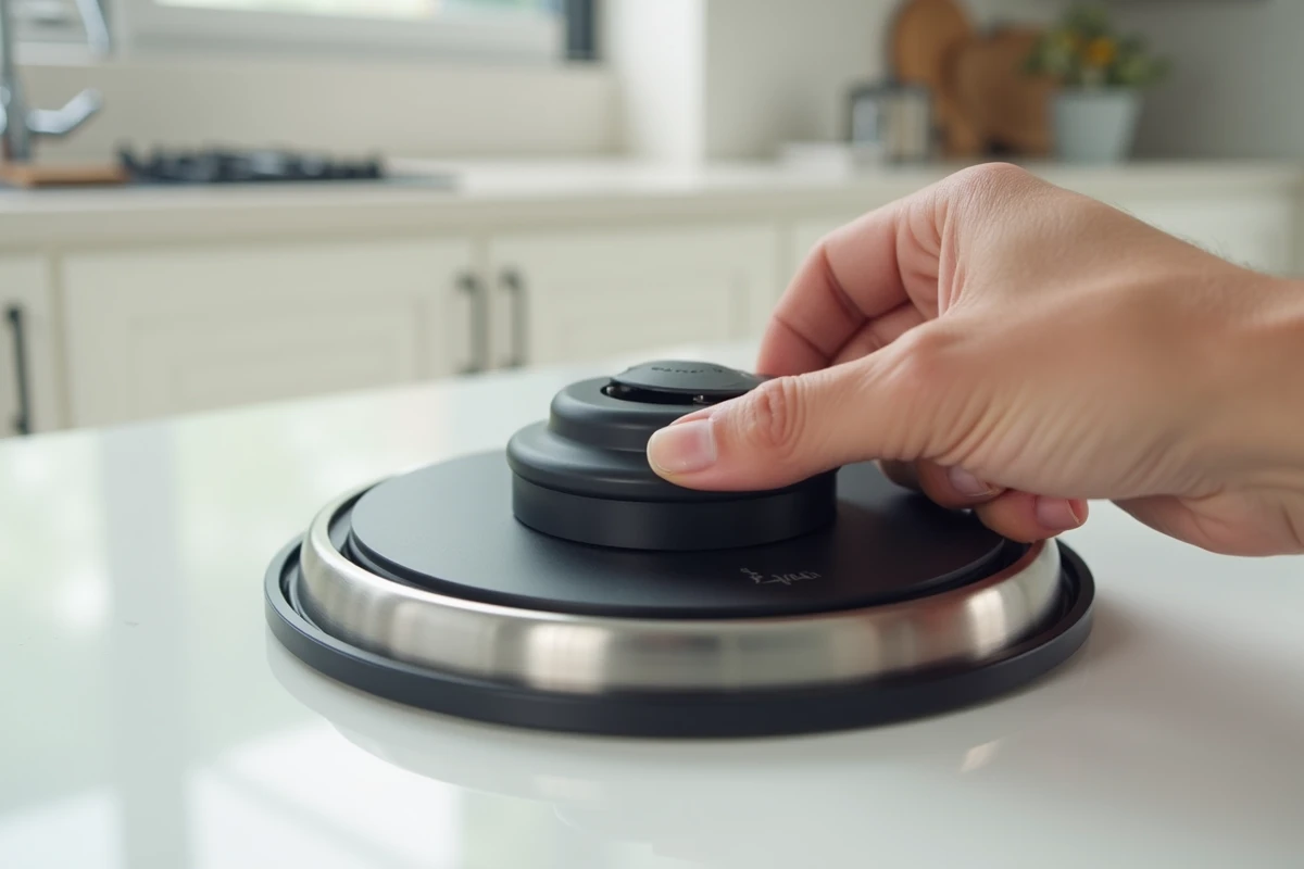 Gros plan sur la valve de sécurité et le mécanisme de verrouillage du couvercle d'un Cookeo lors d'une procédure de réouverture sécurisée