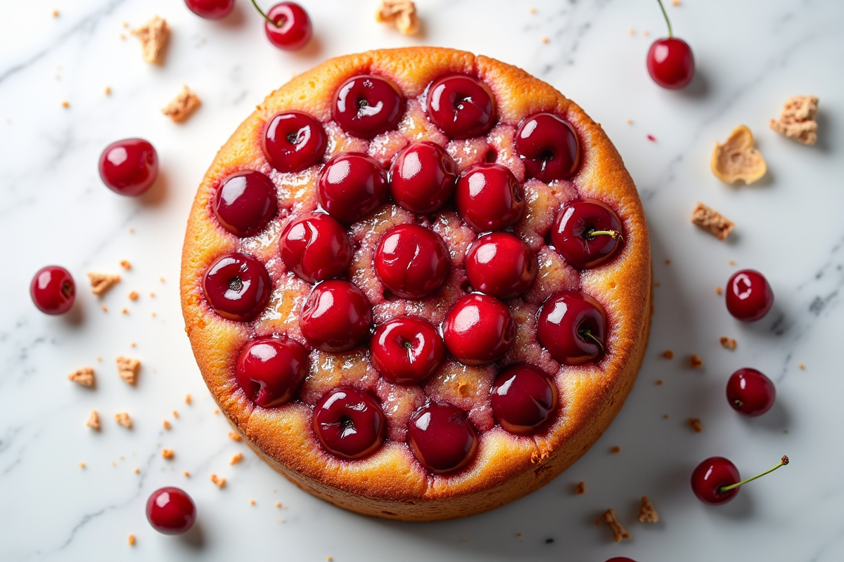 Gâteau basque aux cerises entier sur surface en marbre