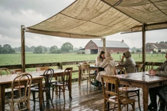 Terrasse de guinguette à la ferme sous la pluie avec des clients attablés sous une bâche en toile