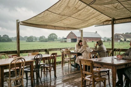 Terrasse de guinguette à la ferme sous la pluie avec des clients attablés sous une bâche en toile