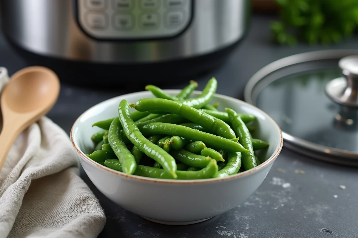 Bol de haricots verts cuits à la vapeur sortant d'une cocotte minute posée sur un comptoir de cuisine