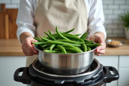 Femme déposant des haricots verts dans le panier vapeur d'une cocotte-minute sur un plan de travail de cuisine moderne