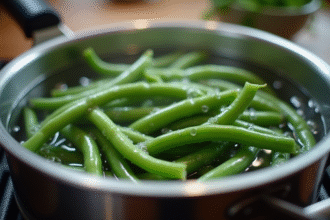 Haricots verts frais blanchis dans l'eau bouillante