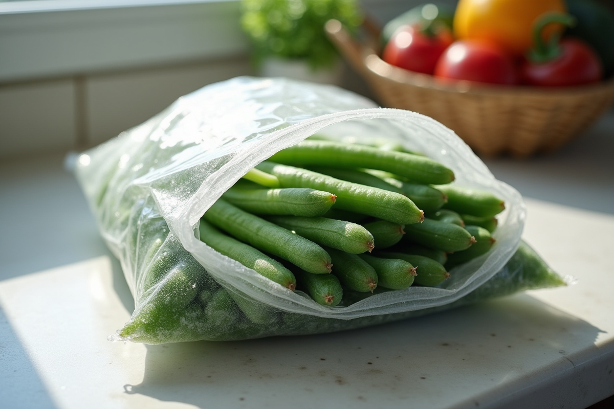 Haricots verts congelés avec glace dans un sac plastique