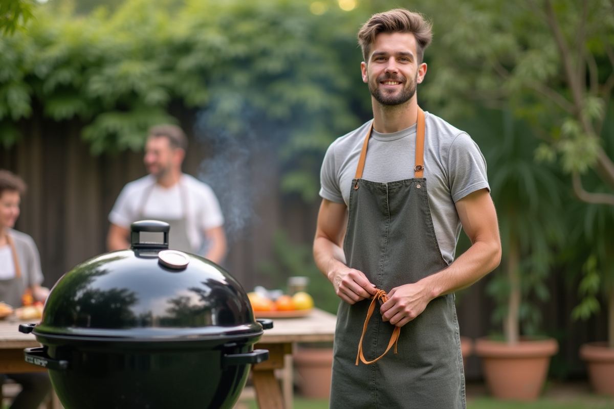 Jeune homme attachant un tablier lors d’un barbecue en extérieur
