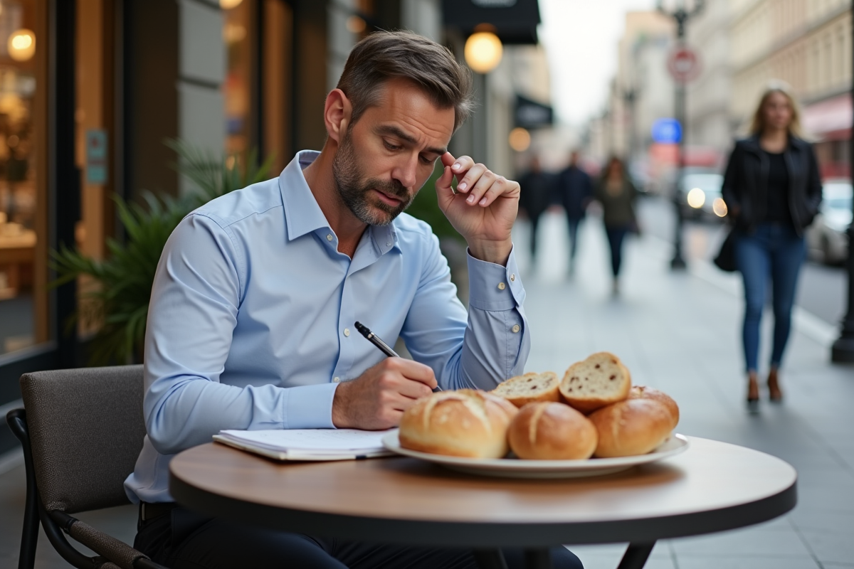 Homme au café comparant différents pains en extérieur