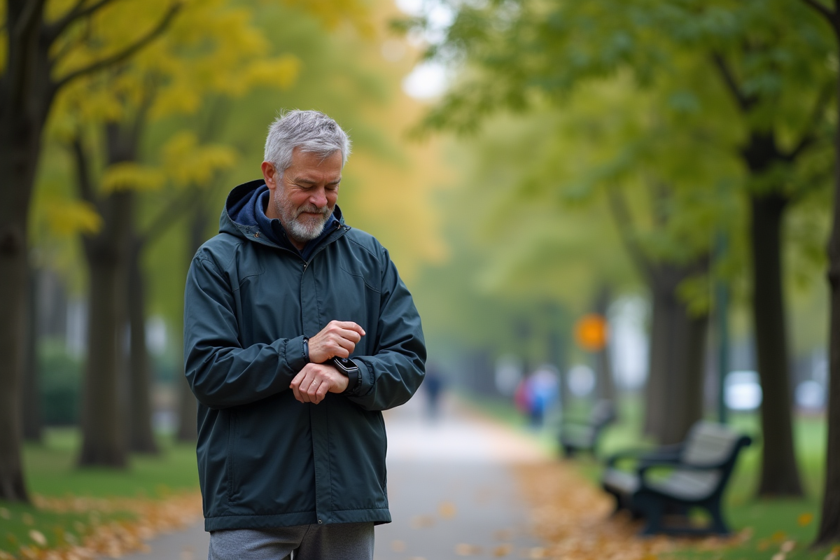 Homme courant dans un parc avec application fitness