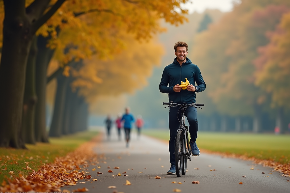 Homme courant dans le parc en mangeant une banane
