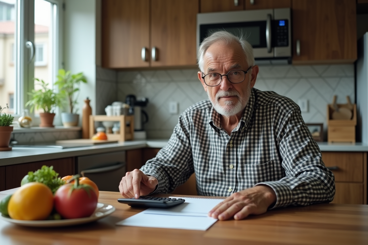 Homme âgé utilisant calculatrice et liste de courses