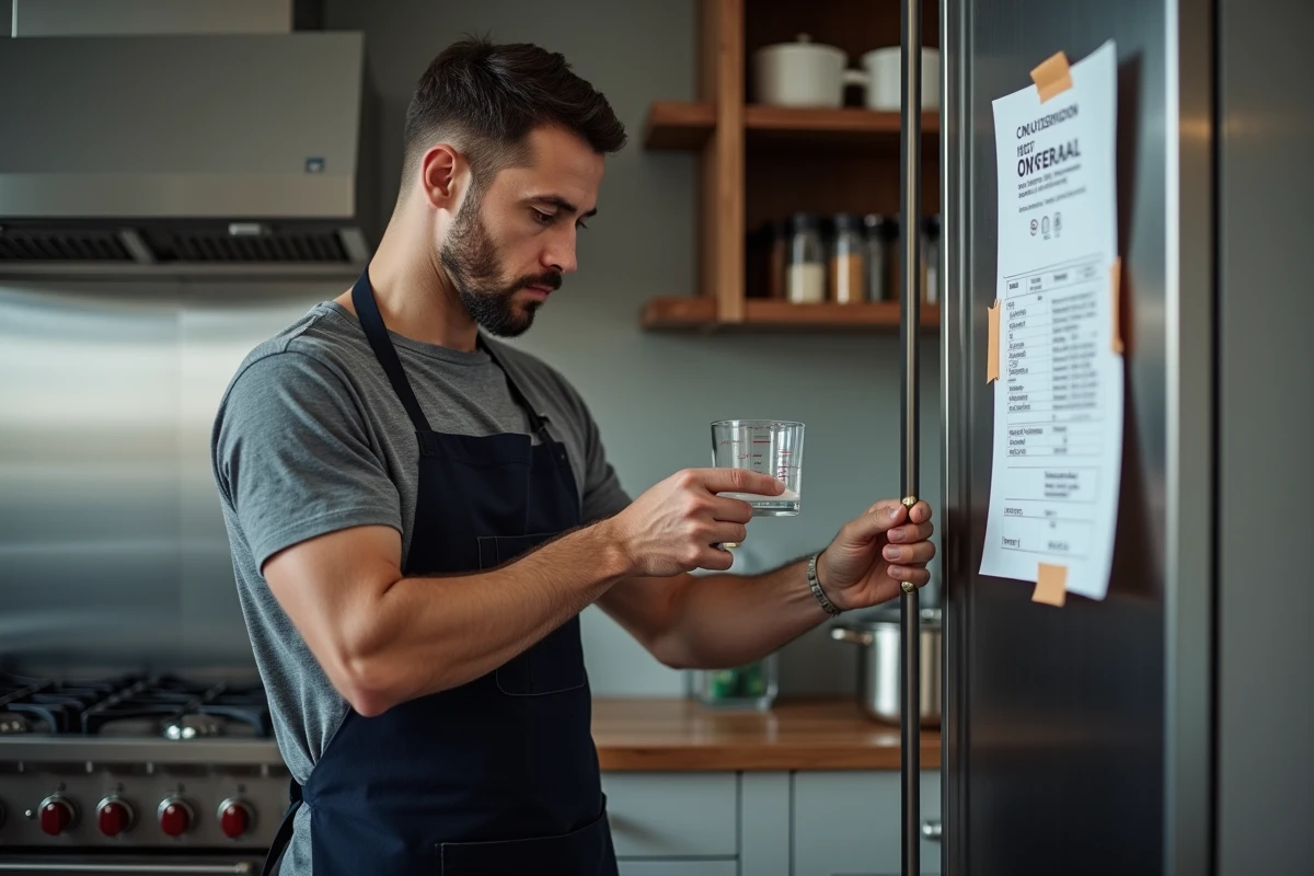 Homme consultant un tableau de conversion de mesures culinaires tout en vérifiant 10 cl dans une tasse graduée dans une cuisine moderne
