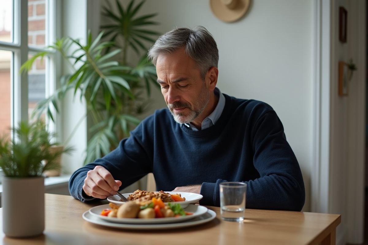 Homme regardant son assiette de légumes et poulet