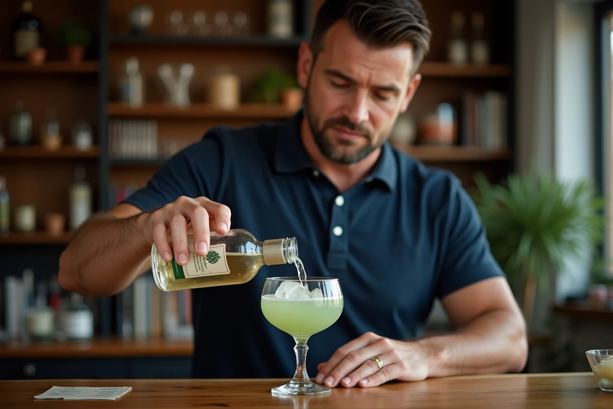 Homme versant une mesure précise de 10ml dans un verre à cocktail cristal pour réussir le dosage d'un cocktail fait maison