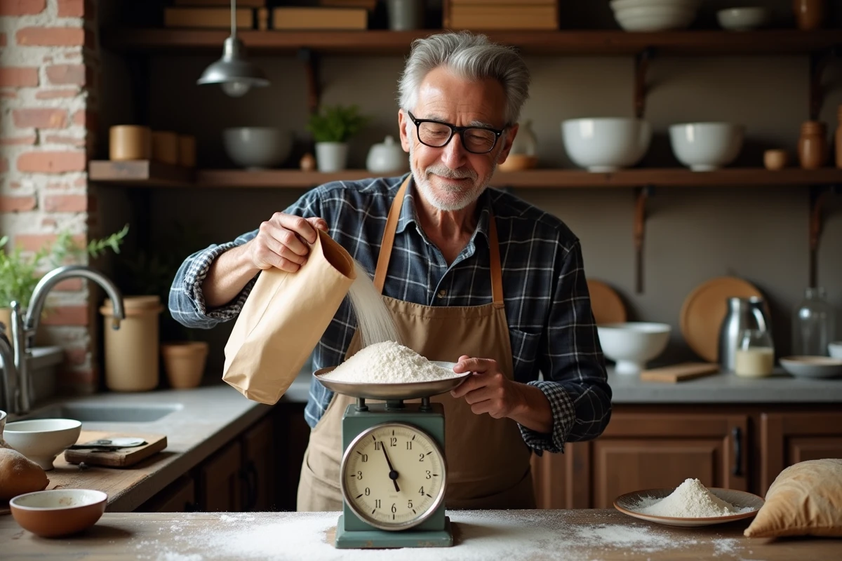 Homme âgé verse de la farine dans une cuisine rustique