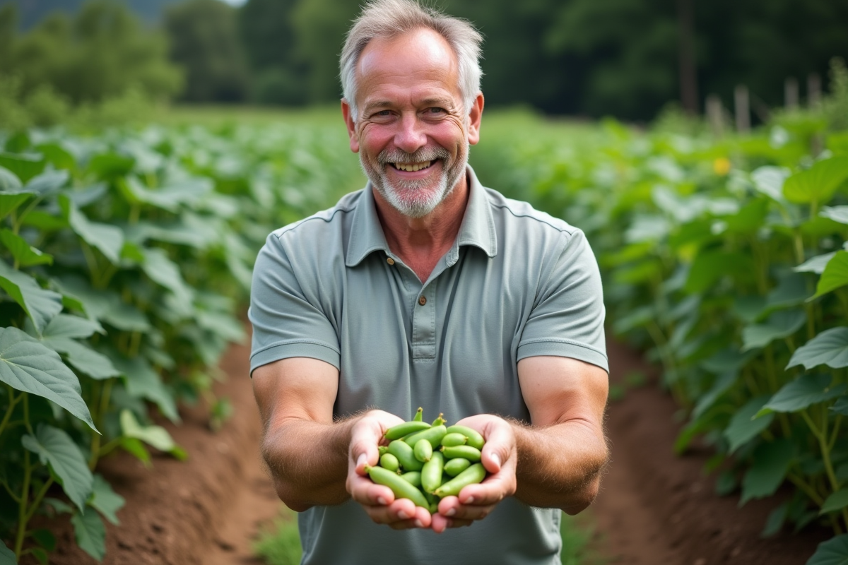 Homme récoltant des légumes dans un jardin verdoyant