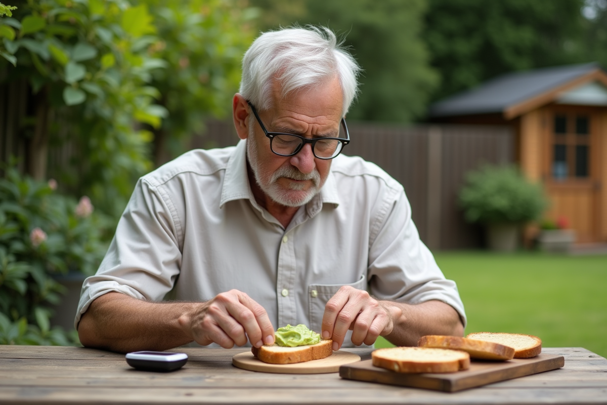 Homme prépare une tranche de pain dans le jardin