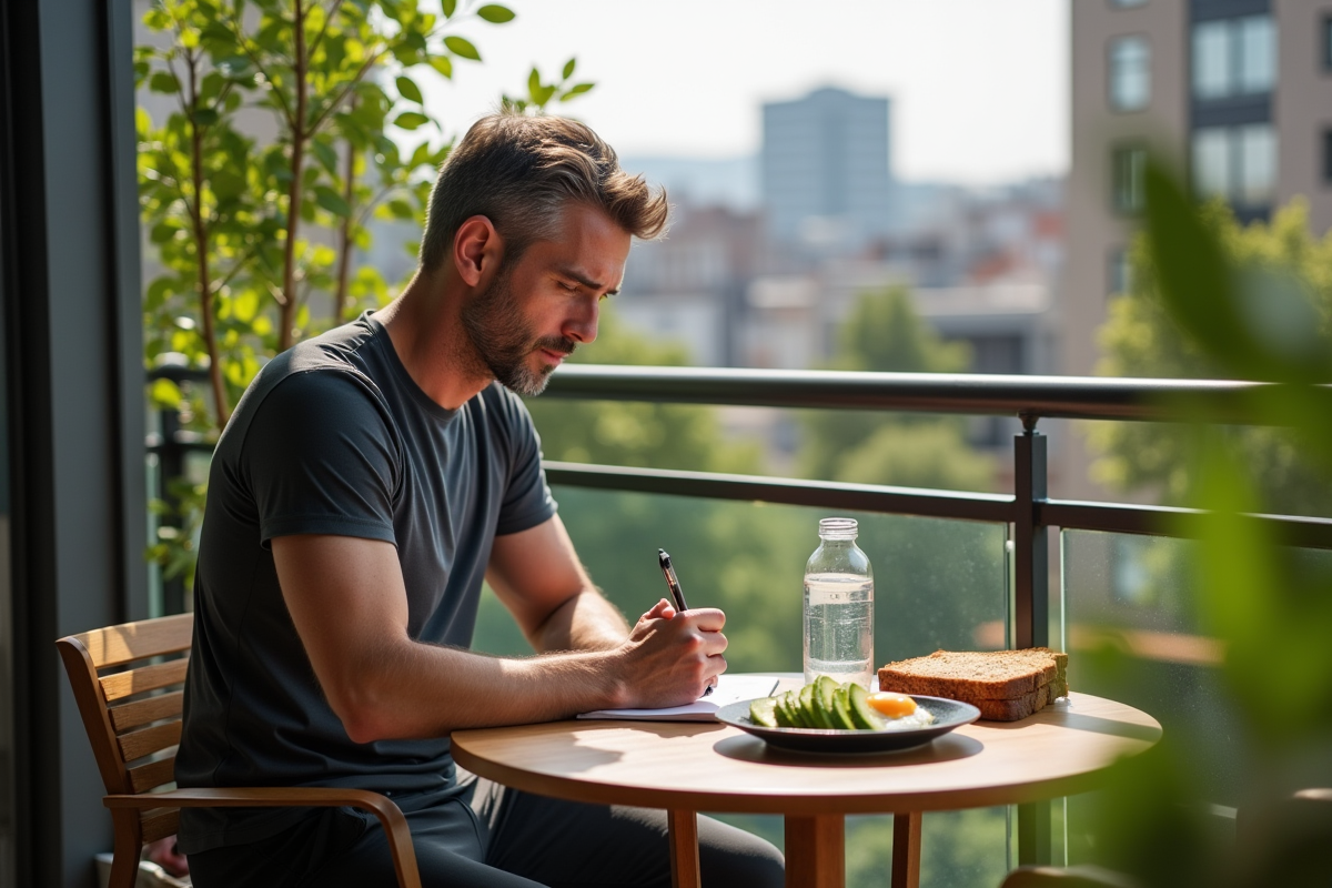 Homme méditant avec petit déjeuner sur un balcon urbain ensoleillé