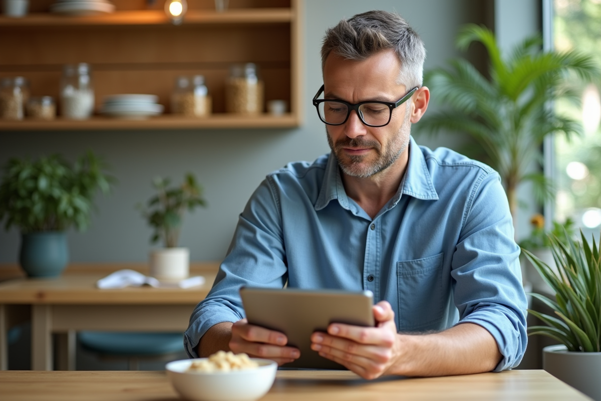 Homme lisant les infos nutritionnelles au café