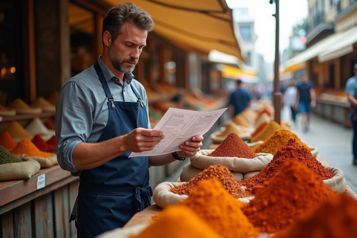 Homme en tablier de chef consultant une liste d'épices devant un étal de marché coloré en plein air