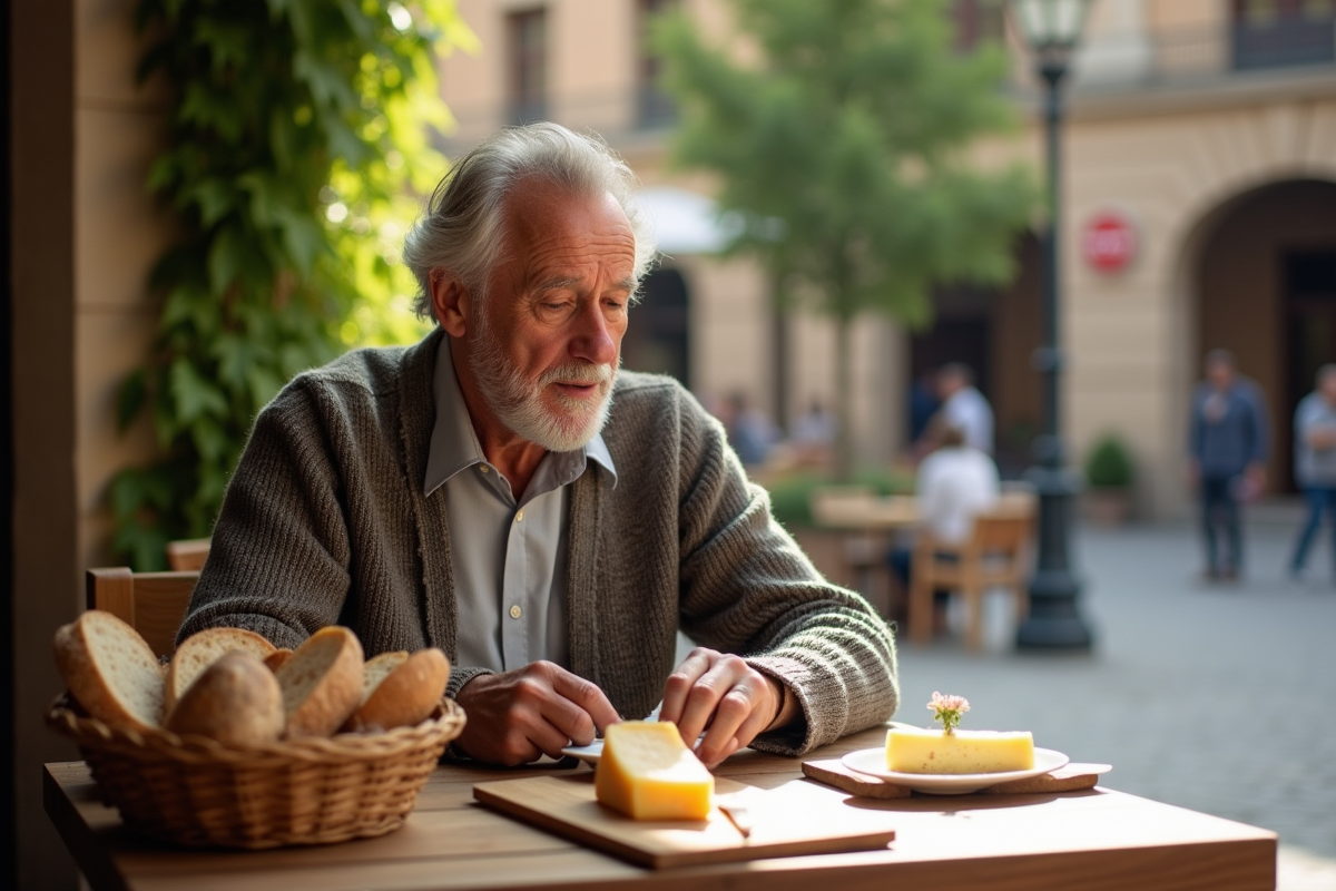 Homme dégustant un plateau de fromages en terrasse en plein air