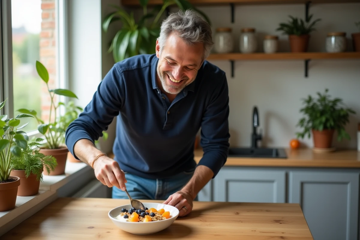 Homme dans une cuisine urbaine mange un bol de persimmon