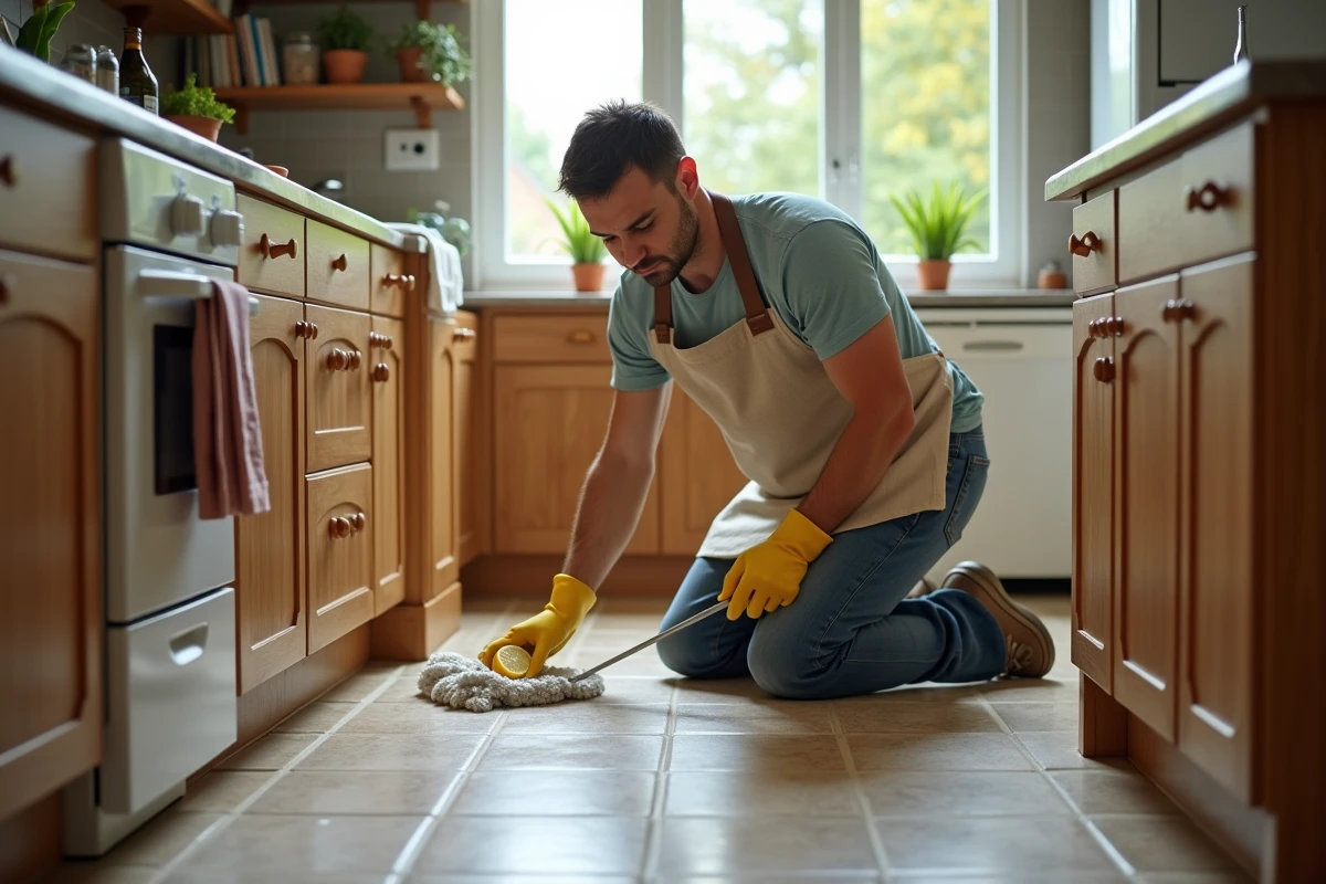 Homme nettoyant le sol de la cuisine avec un citron