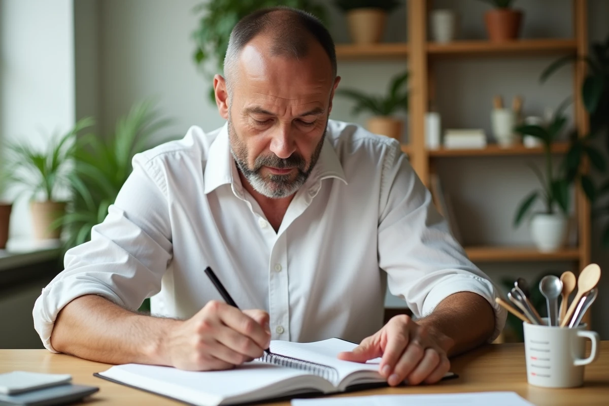 Homme écrit notes avec cuillères de mesure dans la cuisine