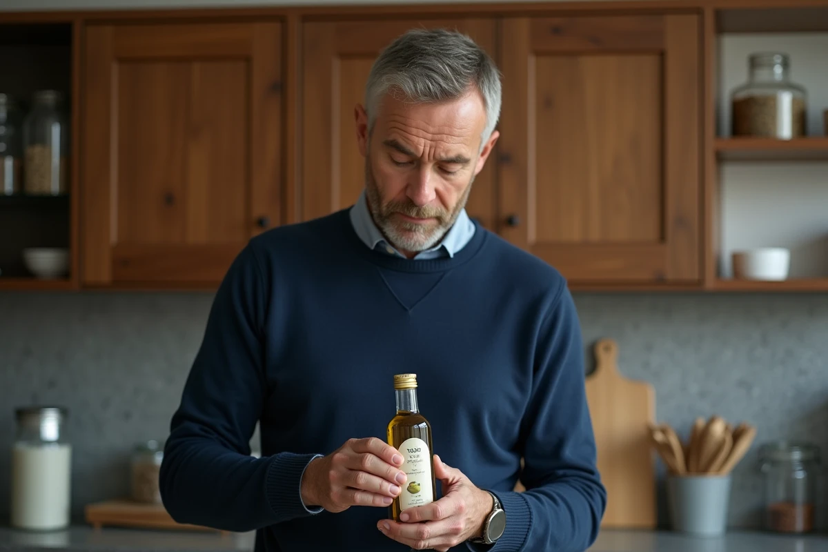 Homme regarde une bouteille d huile d olive dans la cuisine