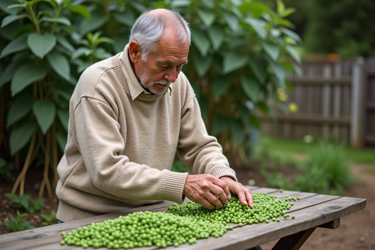 Homme âgé triant des petits pois dans un jardin rustique