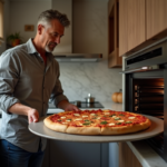 Homme sortant une pizza du four dans une cuisine moderne