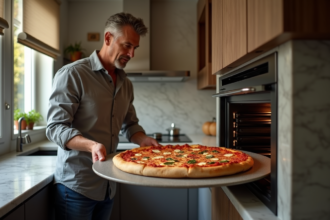 Homme sortant une pizza du four dans une cuisine moderne