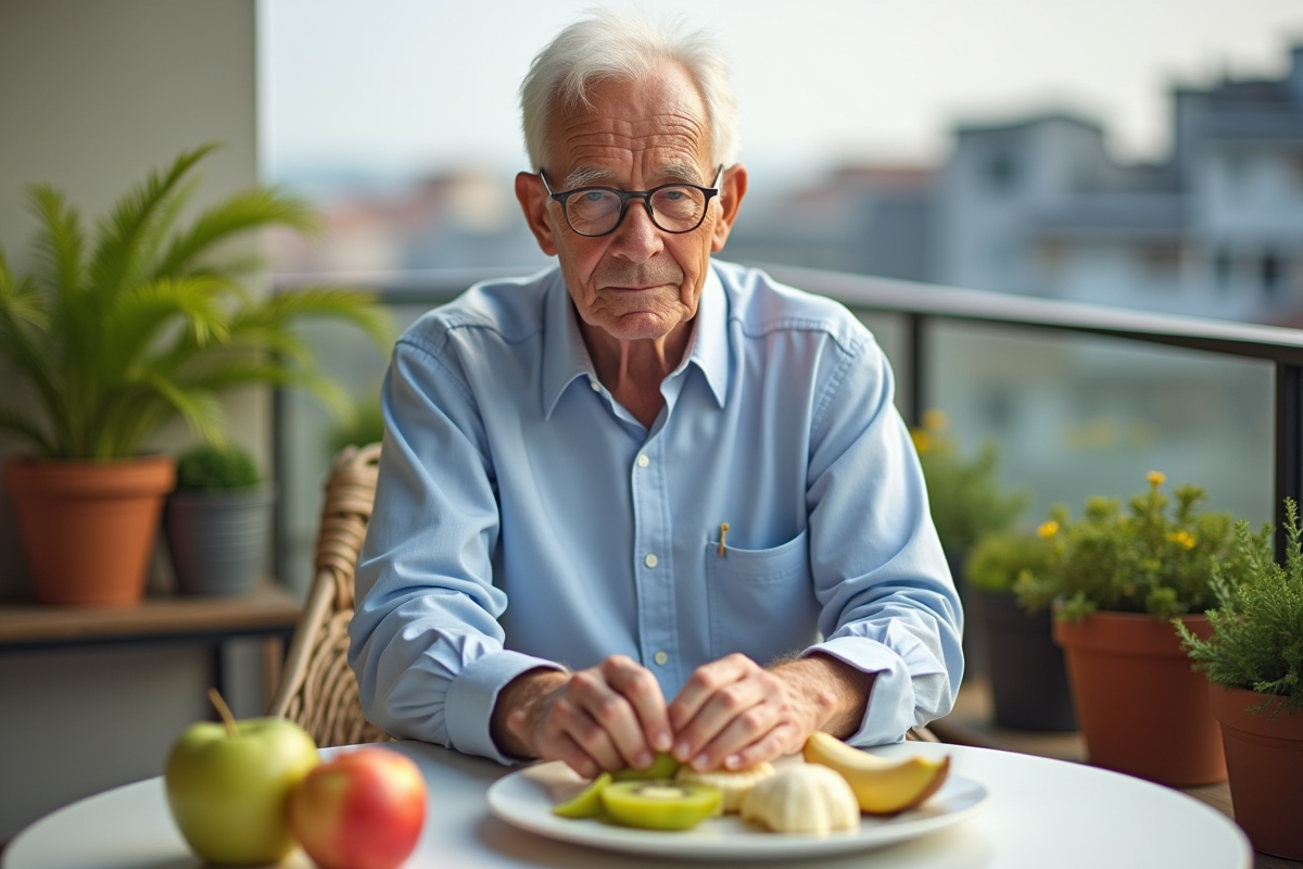 Homme âgé disposant des fruits sur un plateau en extérieur