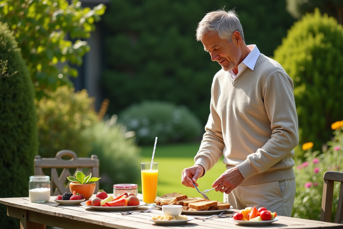 Homme dans le jardin préparant un petit déjeuner sain