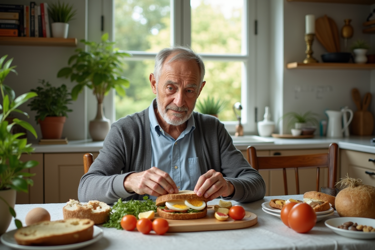 Homme âgé préparant un sandwich complet à table