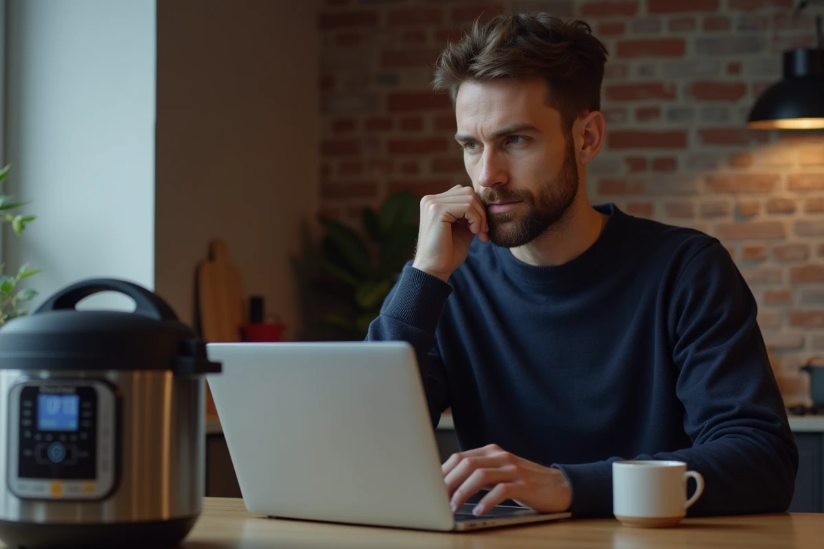 Homme consultant des solutions en ligne pour résoudre le code erreur 24 de son Cookeo posé sur une table de cuisine