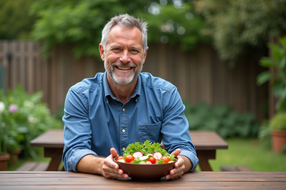 Homme avec salade dans un jardin en plein air