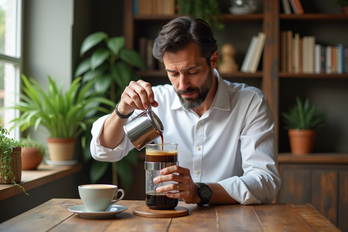 Homme remuant du cafe dans une cafetière sur une table en bois