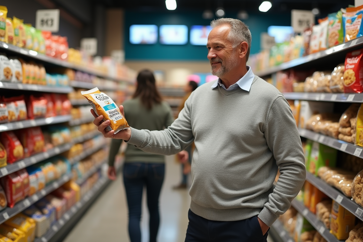 Homme choisit un snack sain dans un supermarché