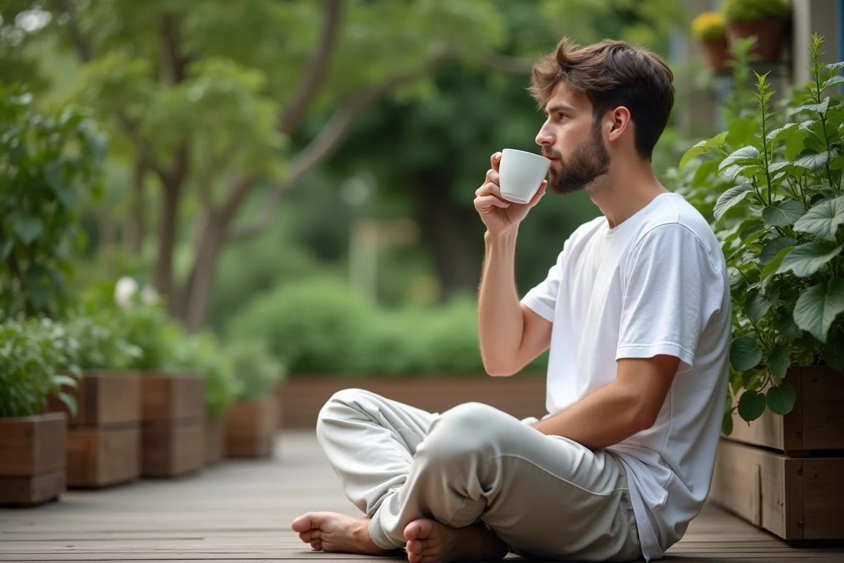 Jeune homme buvant une tisane dans un jardin verdoyant