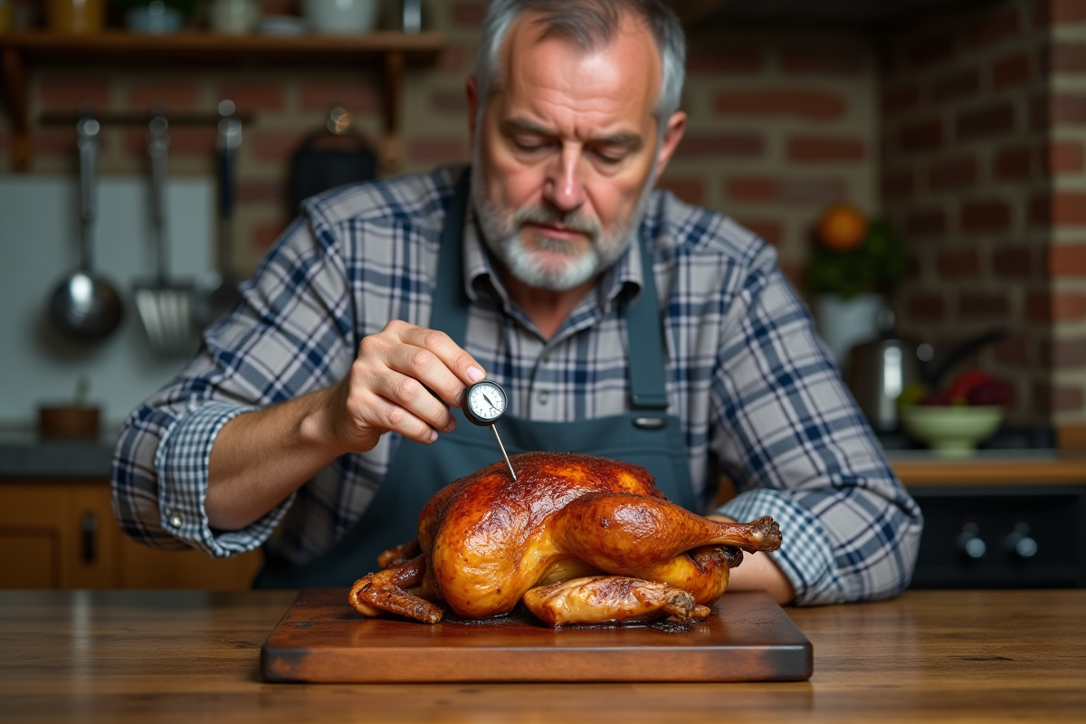 Homme vérifiant la température d’un poulet rôti