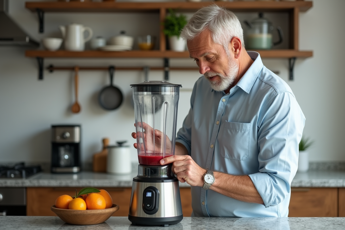 Homme utilise un blender robuste dans une cuisine lumineuse