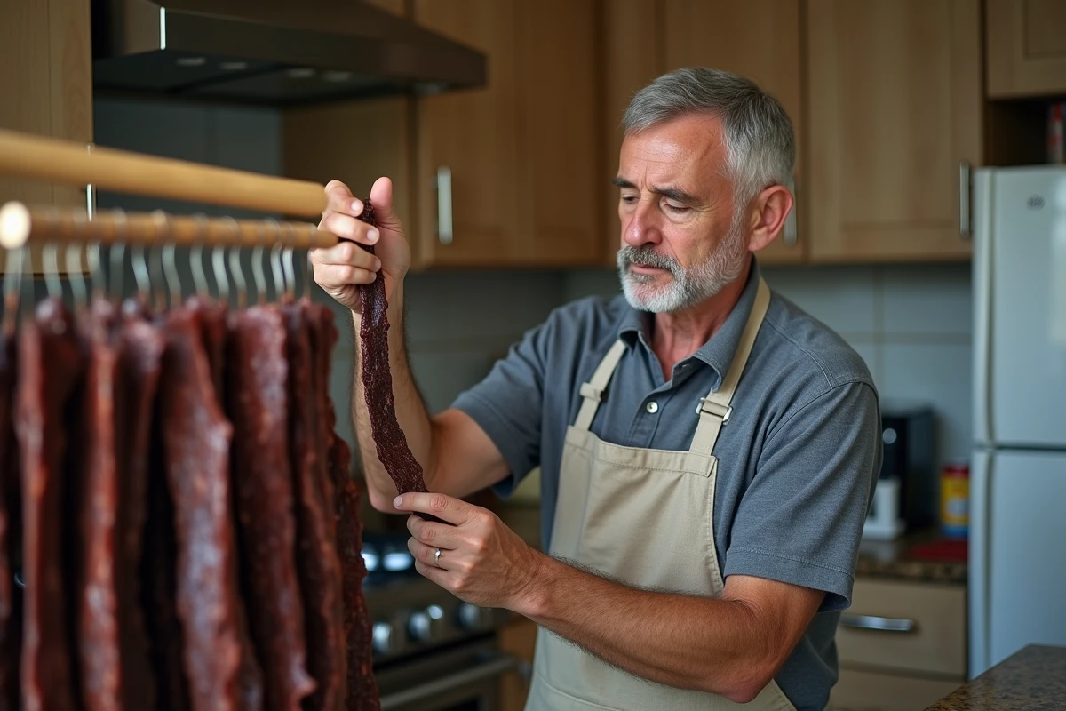 Homme en tablier vérifiant des lanières de beef jerky trop séchées suspendues dans une cuisine maison