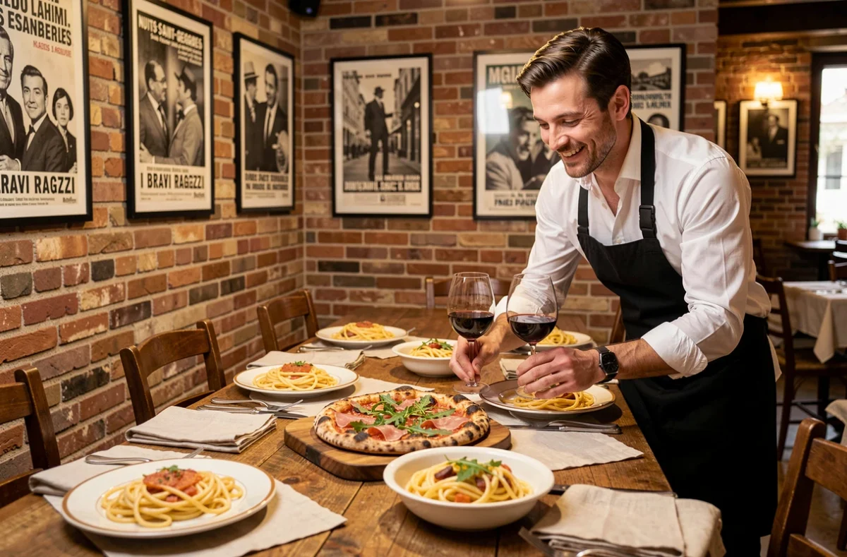 Salle du restaurant I Bravi Ragazzi à Nuits-Saint-Georges avec un serveur déposant des verres de vin rouge auprès d'une pizza garnie sur planche en bois et des plats de pâtes